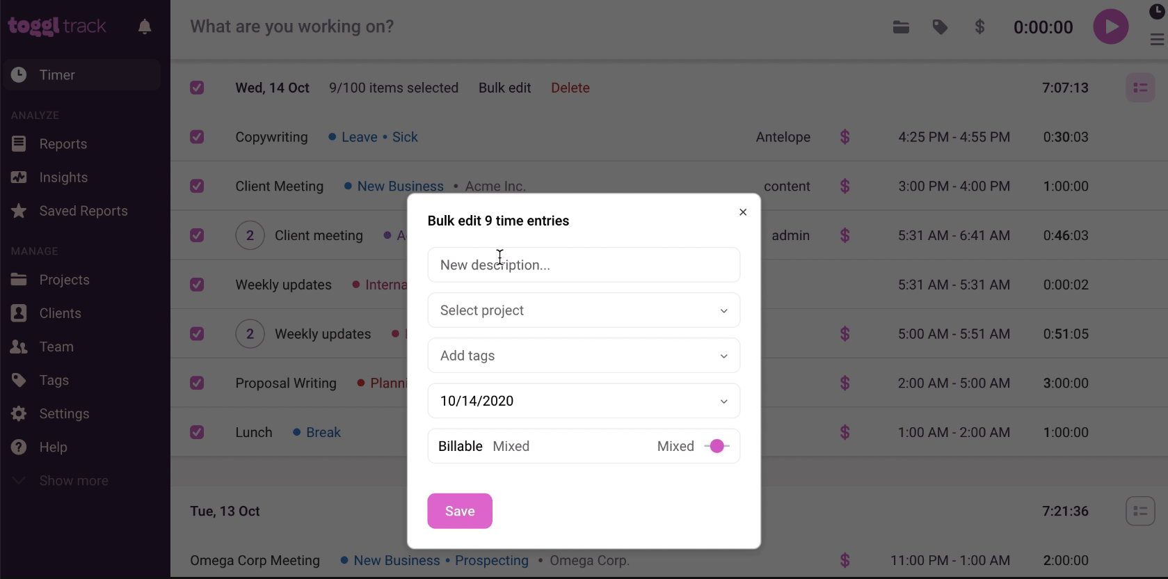 Buld edit time entries in Toggl Track