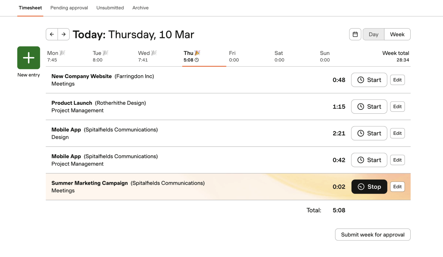 Havrest time tracking page