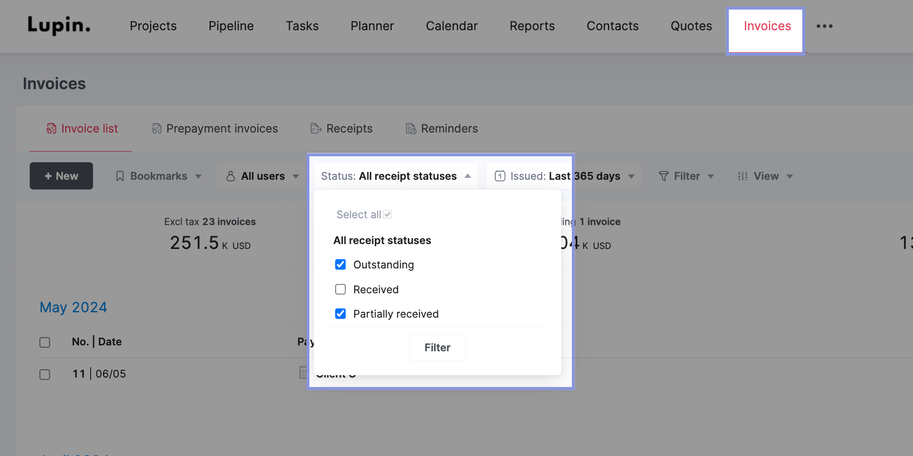 Invoices filtering in Scoro