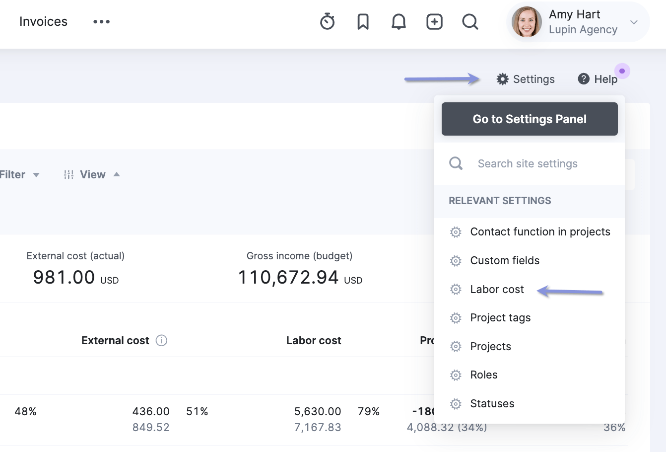 Labor cost settings in Scoro