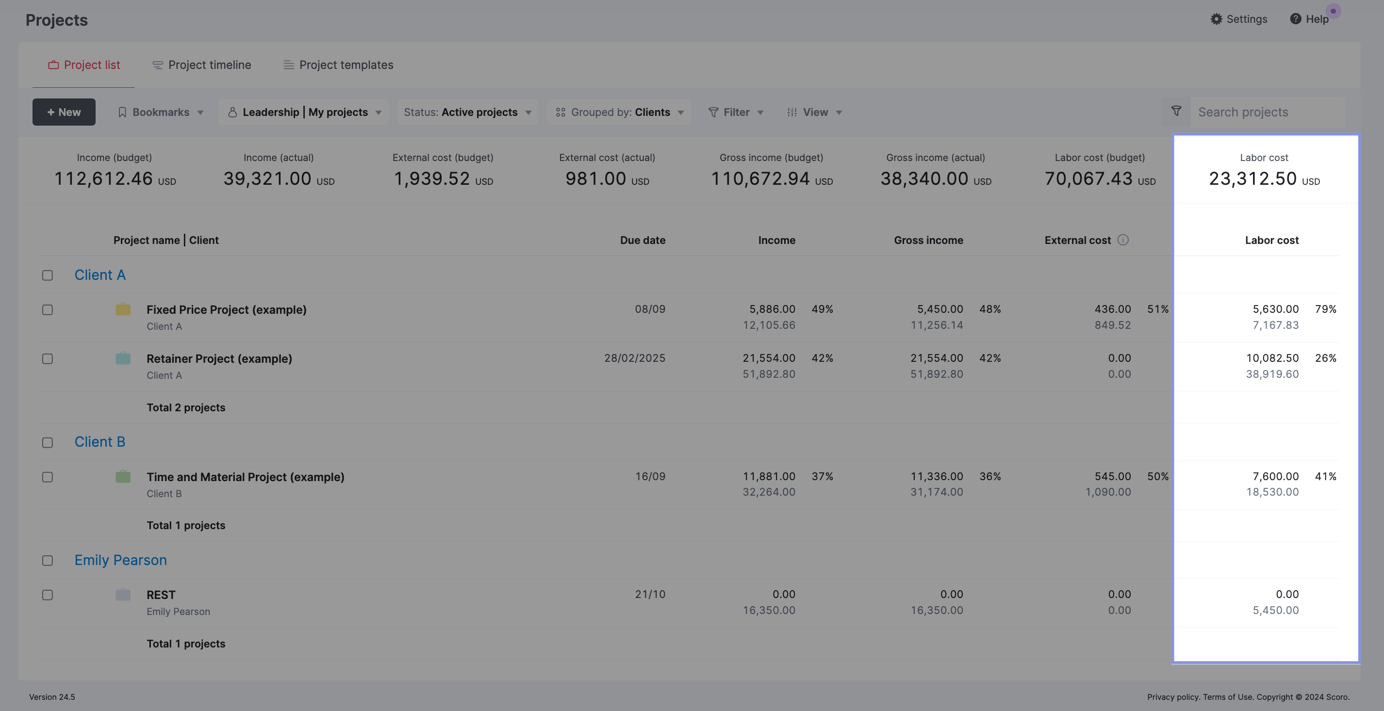 Project labor cost in Scoro