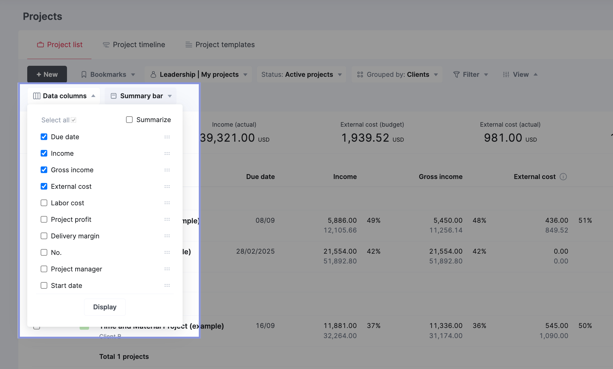 Project list data columns filters in Scoro