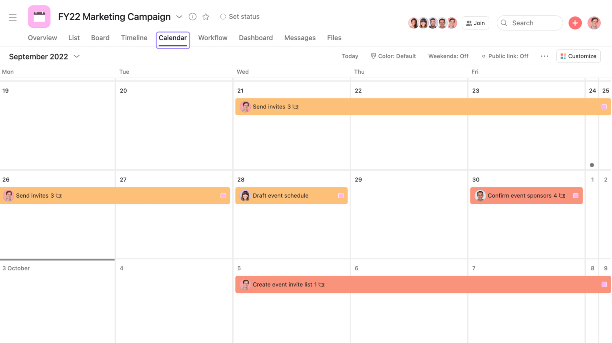 Screenshot of Calendar view in Asana