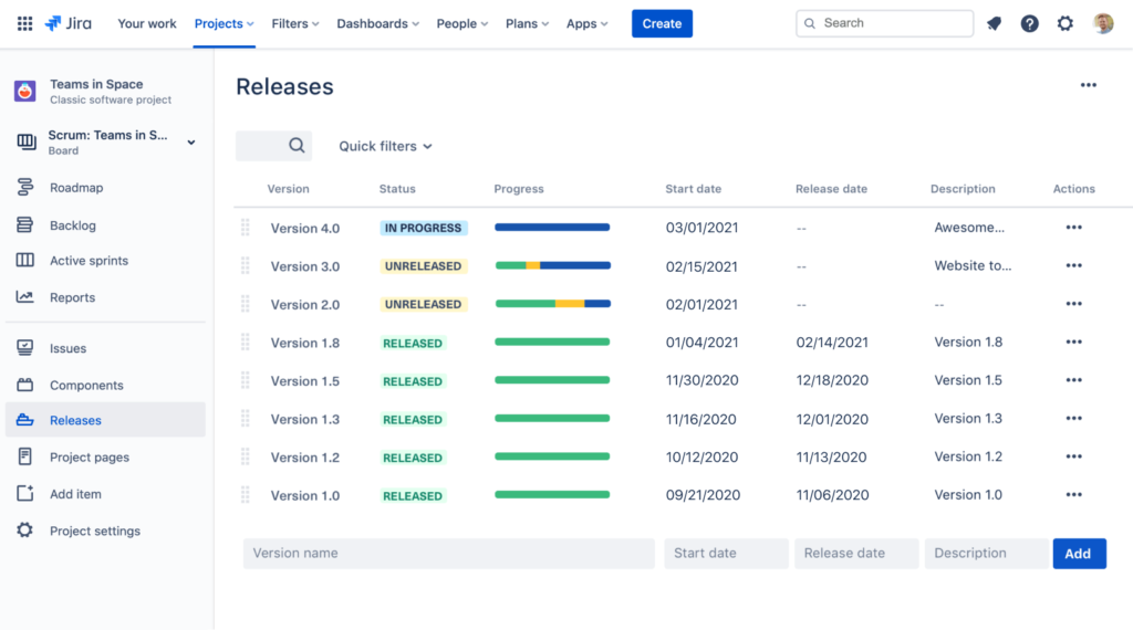 Screenshot of Jira releases tab