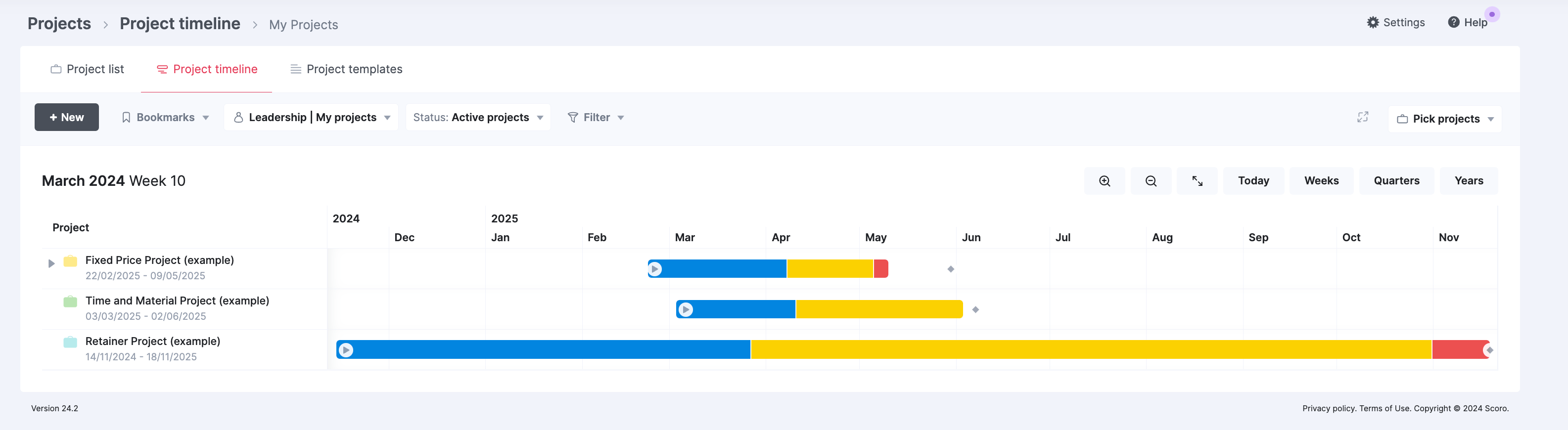 Screenshot of multiple project timelines in Scoro