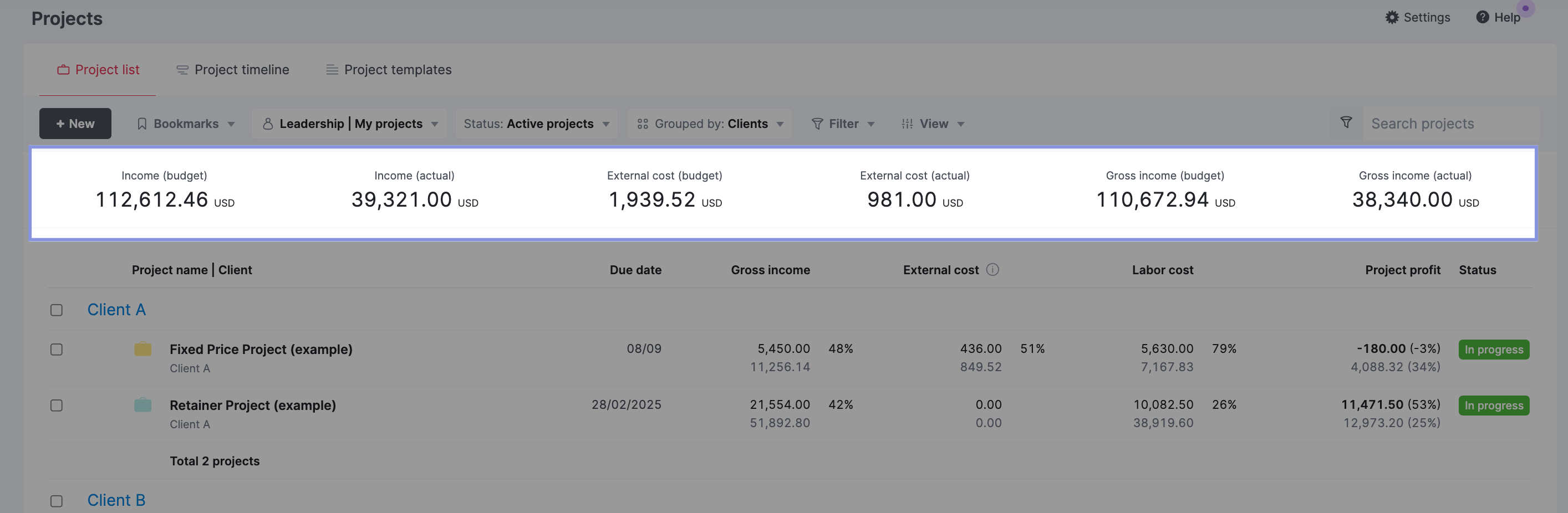 Summary bar in Project view in Scoro