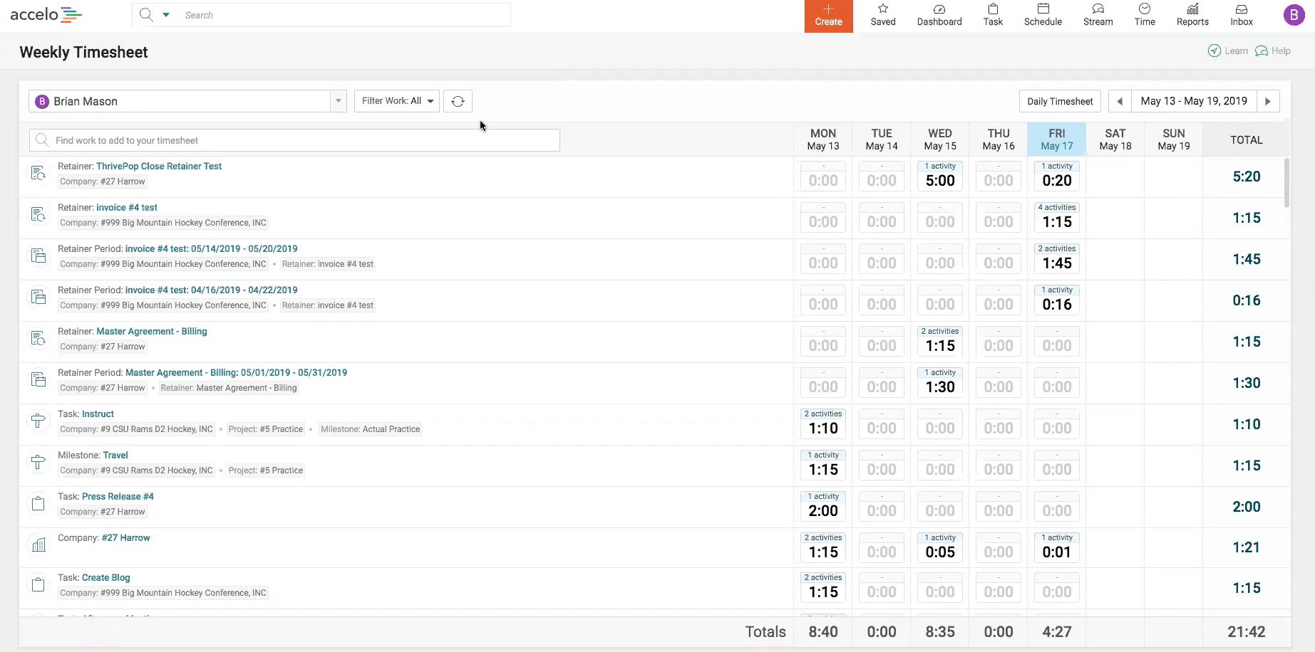 Weekly timesheet of an employee in Accelo